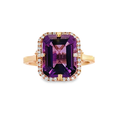 Emerald Cut Amethyst  & Diamond Halo Ring in Yellow Gold