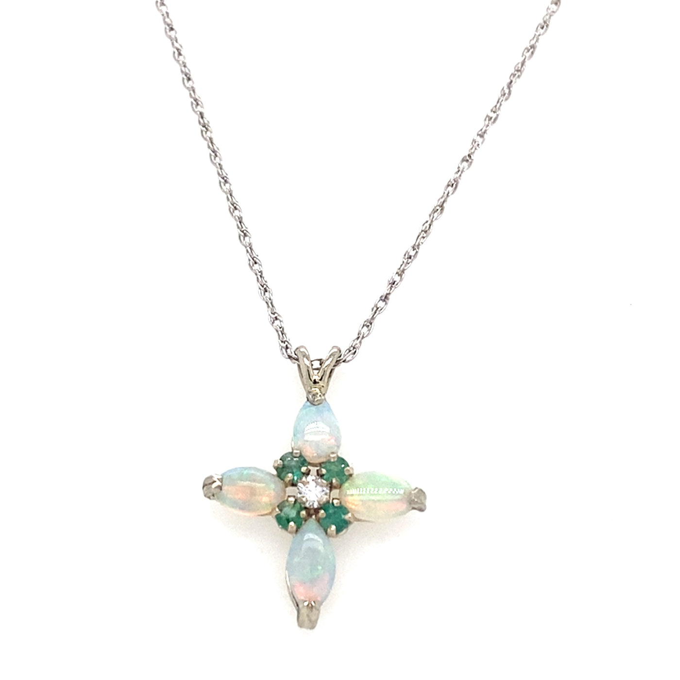 ESTATE Opal, Emerald and Diamond Cross Pendant in White Gold