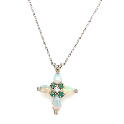 ESTATE Opal, Emerald and Diamond Cross Pendant in White Gold