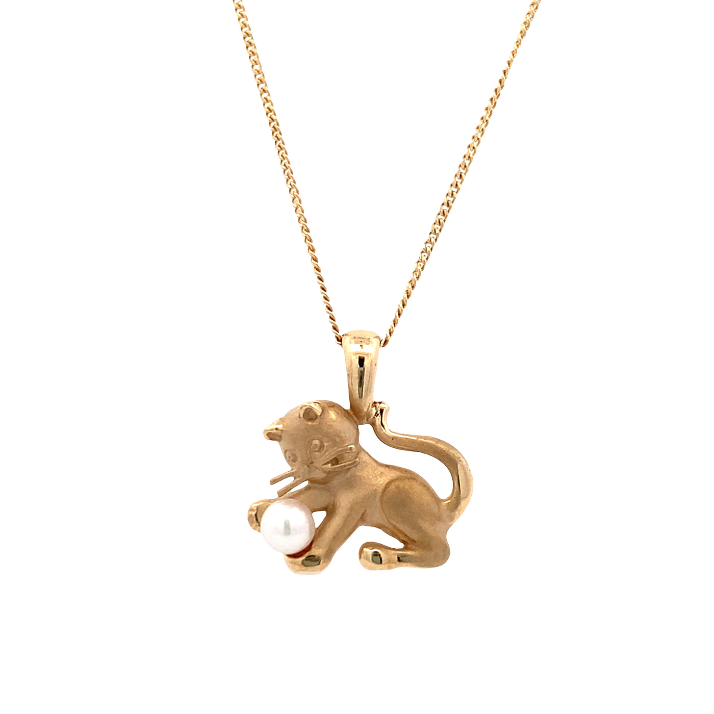 ESTATE Kitten with Pearl Pendant in Yellow Gold