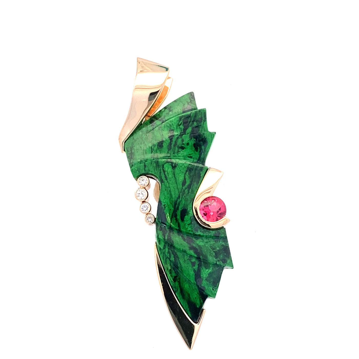 Estate Chloromelanite and Pink Tourmaline Pendant with 0.10CTW Diamonds in 14K Yellow Gold by Beeghly & Co.