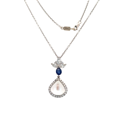 Moonstone, Sapphire and Diamond Pendant in White Gold by B&C