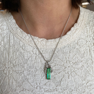 ESTATE Green Tourmaline and Diamond Pendant in White Gold