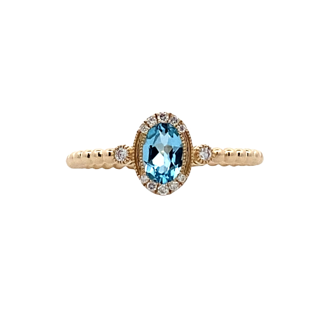 14 Karat Yellow Blue Topaz & Diamond Beaded Ring