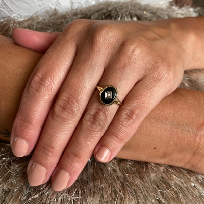 ESTATE Onyx and Diamond Ring in Yellow Gold