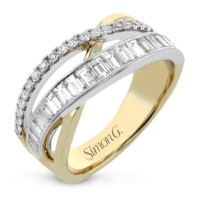 Baguette and Round Diamond Cross Over Ring in Two-Tone Gold by Simon G