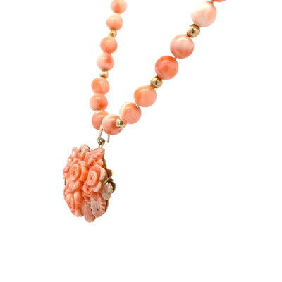 ESTATE Coral Bead Necklace with Floral Enhancer in Yellow Gold