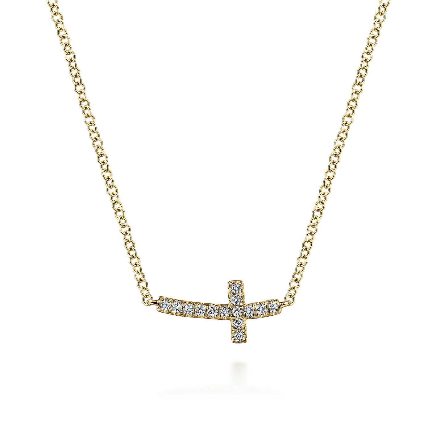 Curved Sideways Cross Necklace in Yellow Gold by Gabriel & Co.