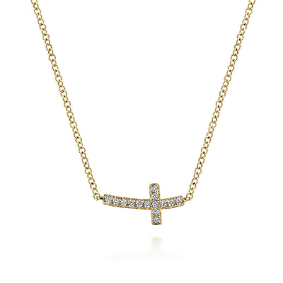 Curved Sideways Cross Necklace in Yellow Gold by Gabriel & Co.