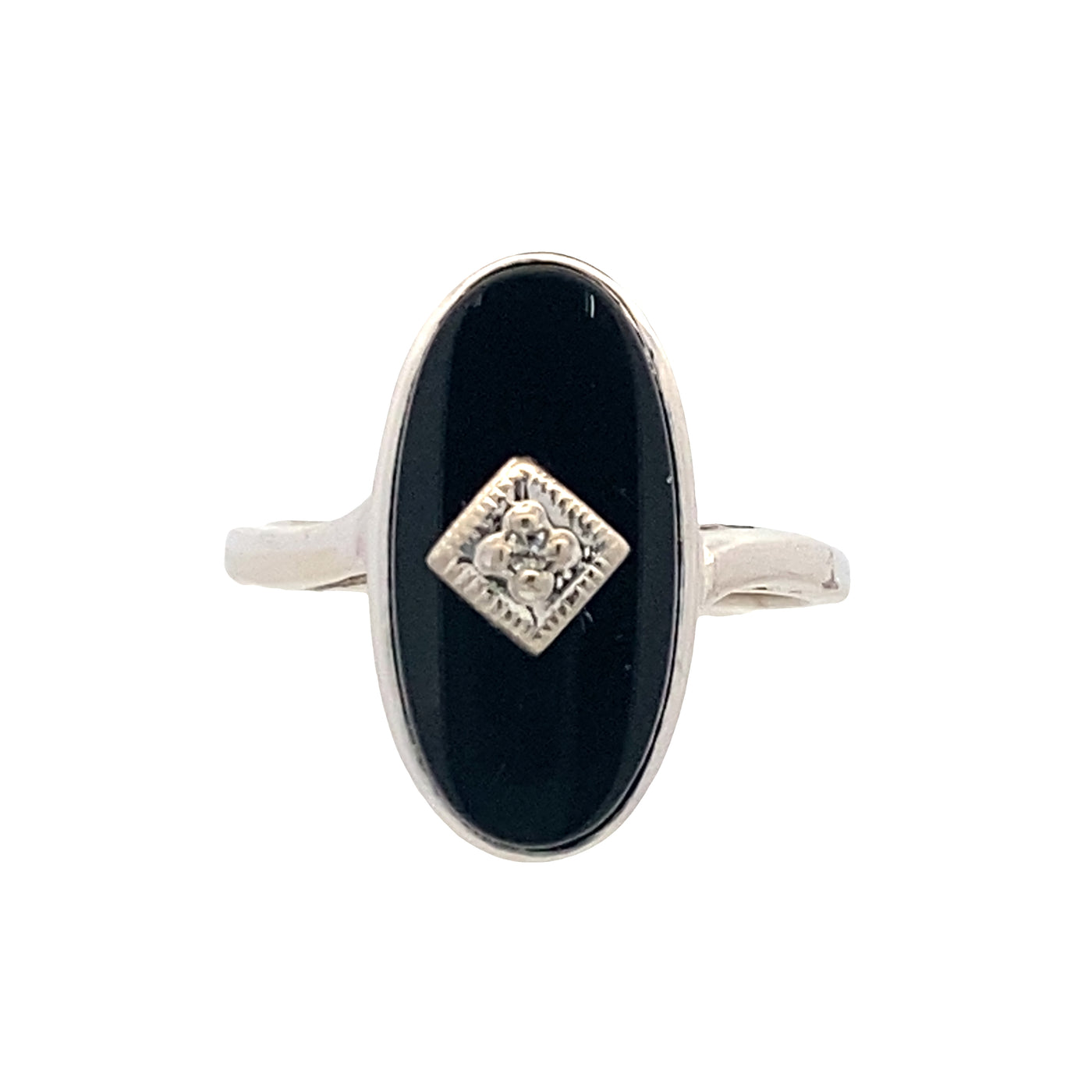ESTATE Onyx and Diamond Ring in White Gold