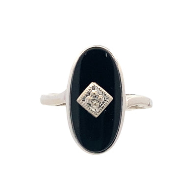 ESTATE Onyx and Diamond Ring in White Gold