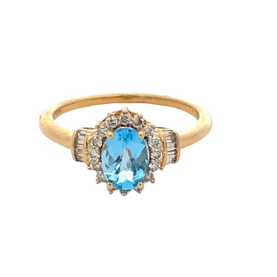 ESTATE Blue Topaz and Diamond Ring in Yellow Gold