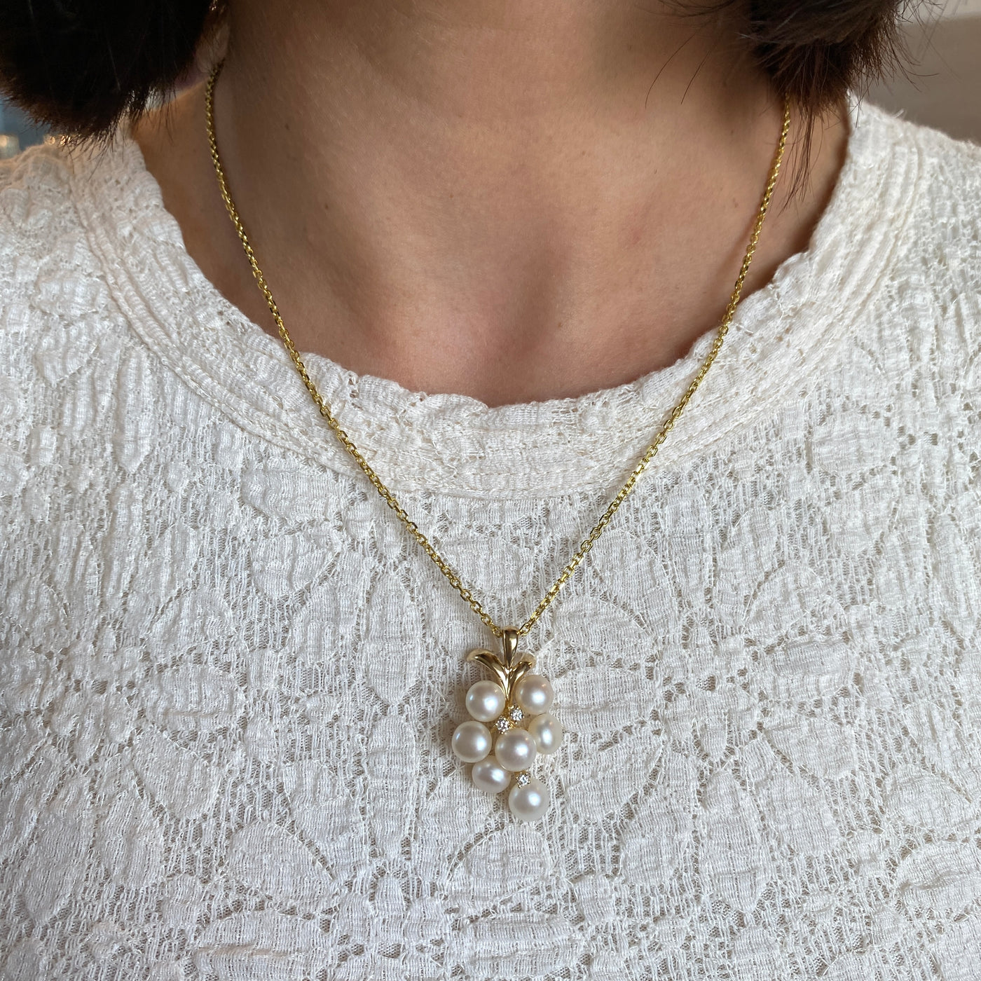 ESTATE Pearl and DIamond Pendant in Yellow Gold