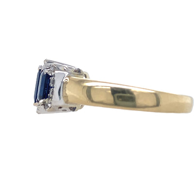 Estate Three Stone Blue Sapphire and Diamond Ring in Two-Tone Gold