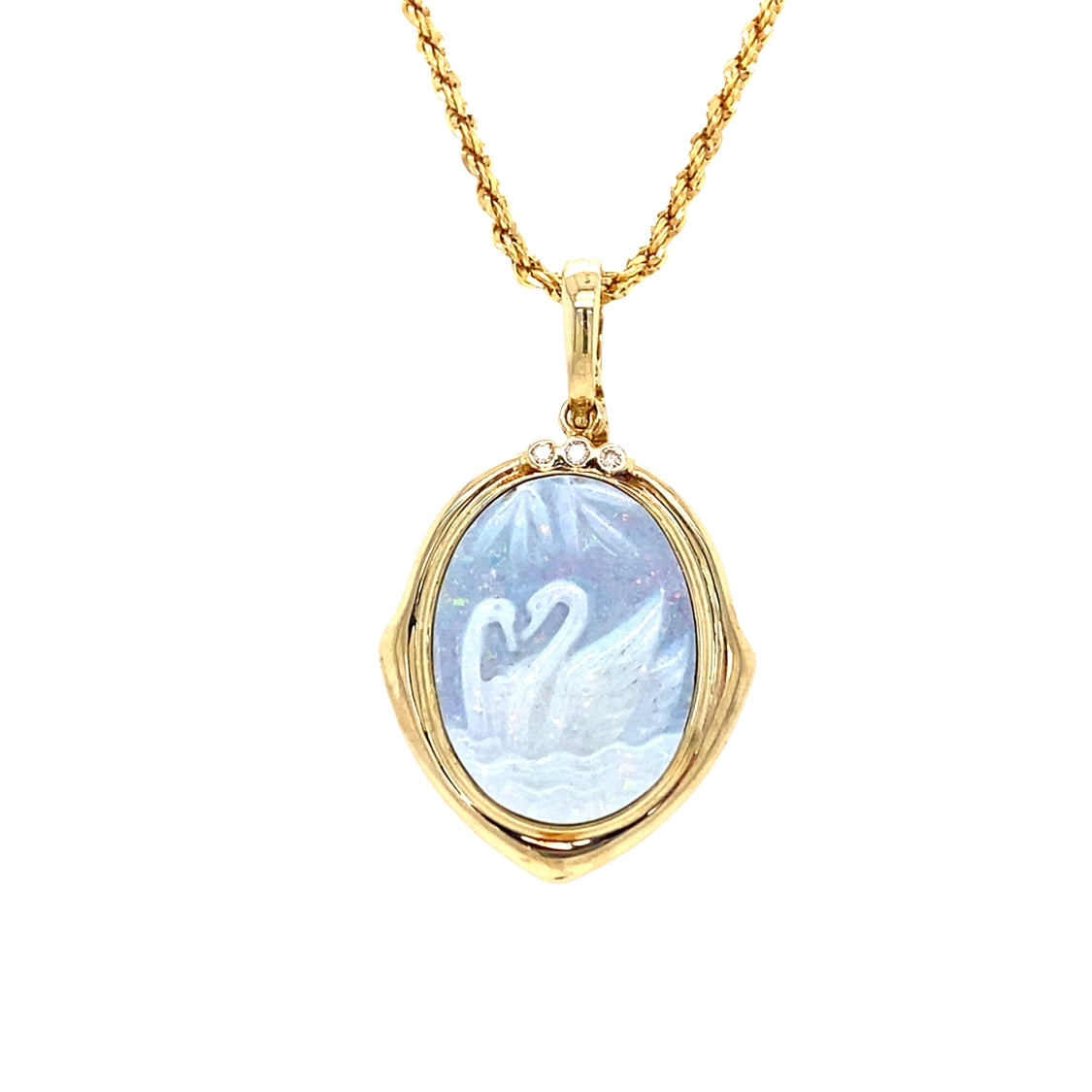 ESTATE Carved Opal Swan Pendant in Yellow Gold