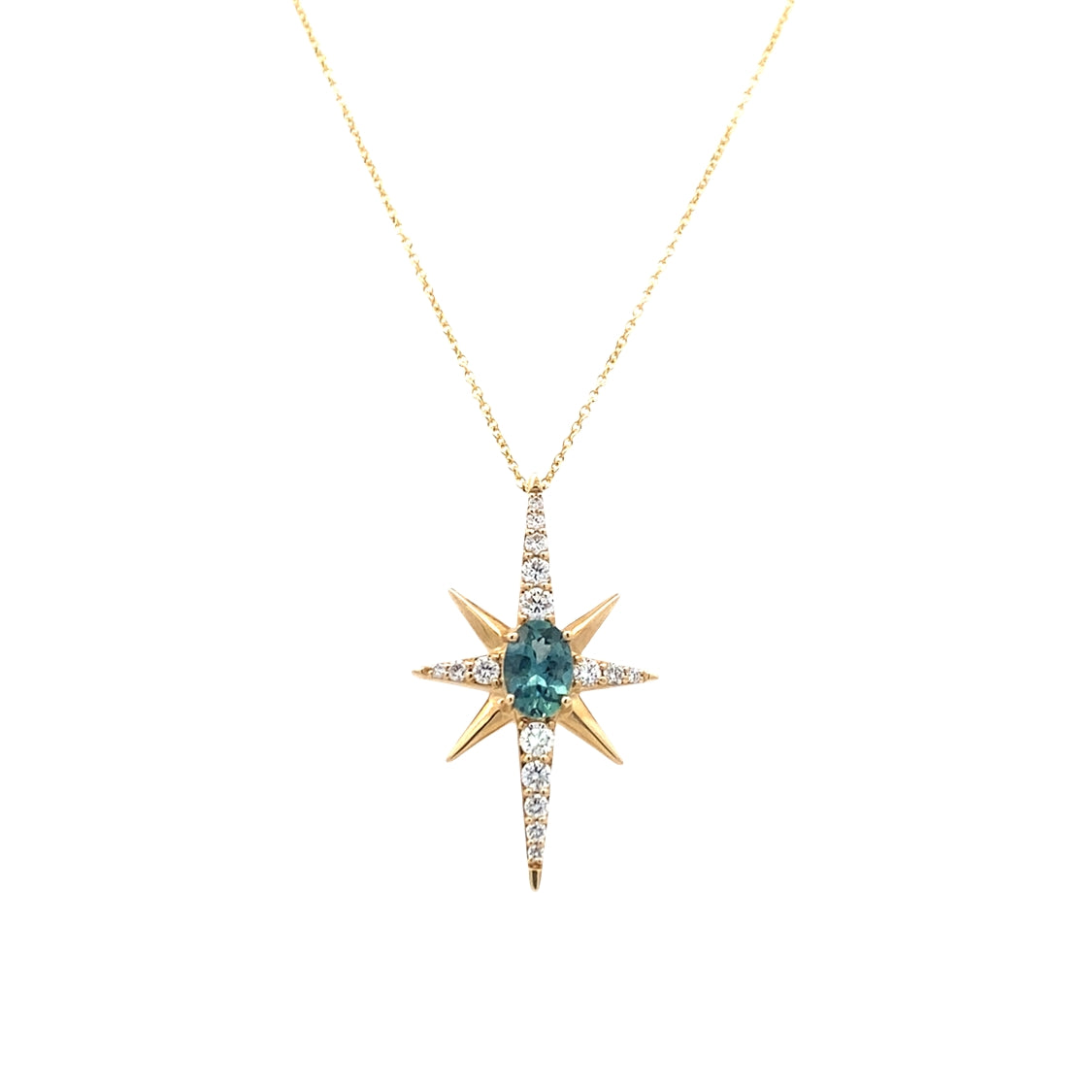 Montana Sapphire and Diamond Starburst Pendant in Yellow Gold