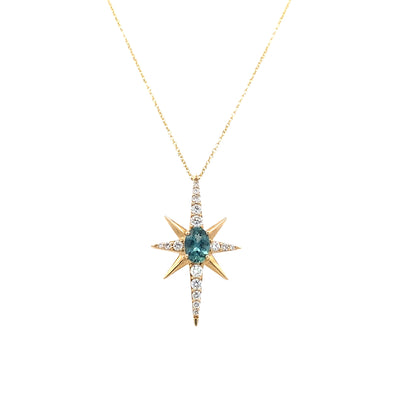 Montana Sapphire and Diamond Starburst Pendant in Yellow Gold