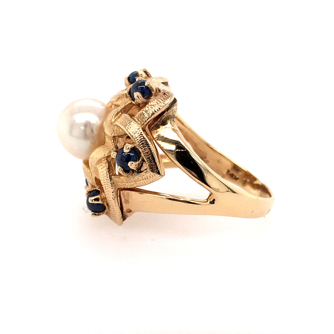 Estate 14 Karat Yellow Gold Pearl & Sapphire Ring