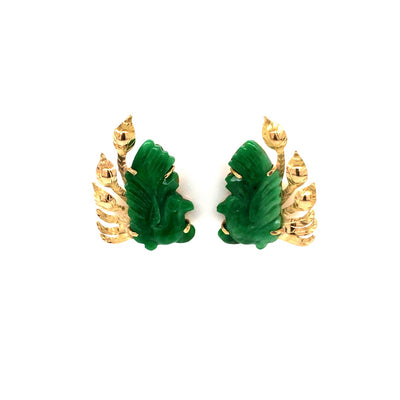 Estate 14k Plumage Carved Jade Earrings