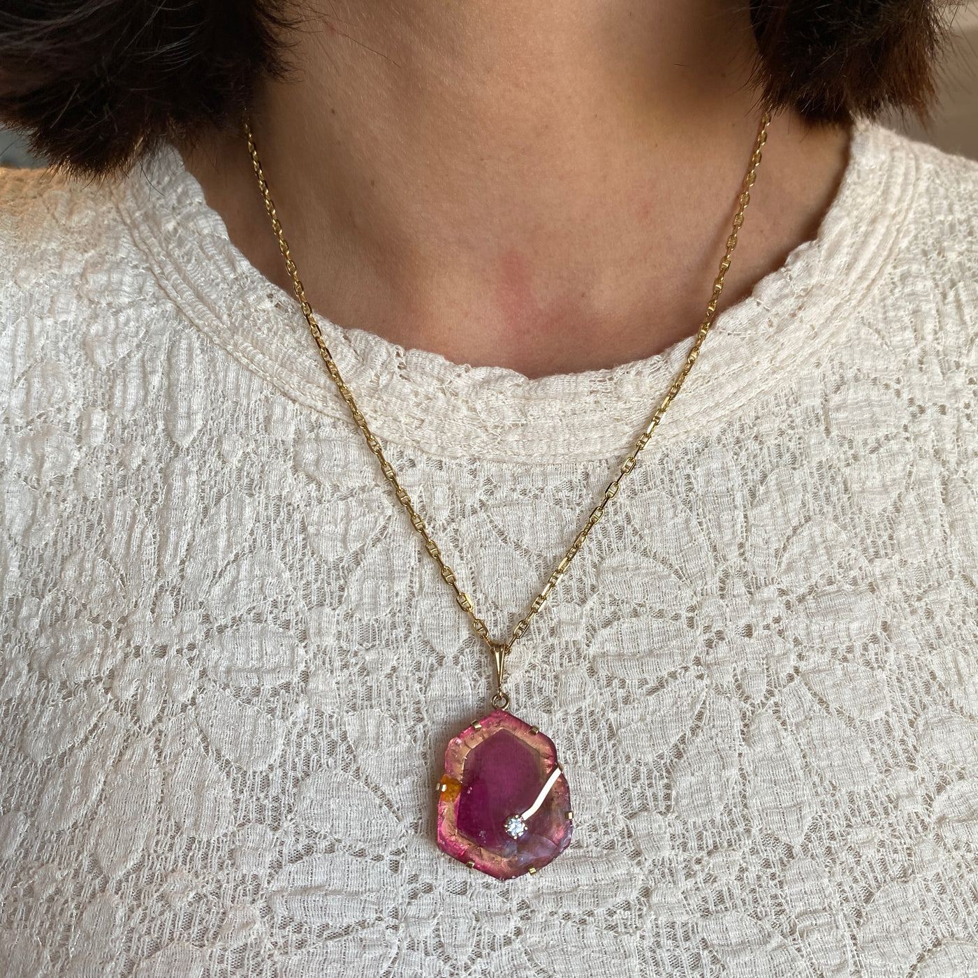 ESTATE Watermelon Tourmaline and Diamond Pendant in Yellow Gold