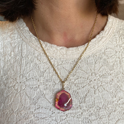 ESTATE Watermelon Tourmaline and Diamond Pendant in Yellow Gold