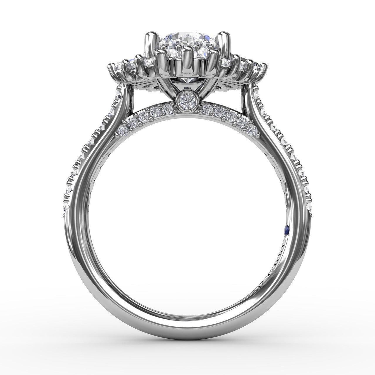 1.5ct Round Engagement Ring with Baguette Halo in White Gold by Fana