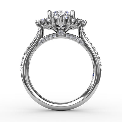 1.5ct Round Engagement Ring with Baguette Halo in White Gold by Fana