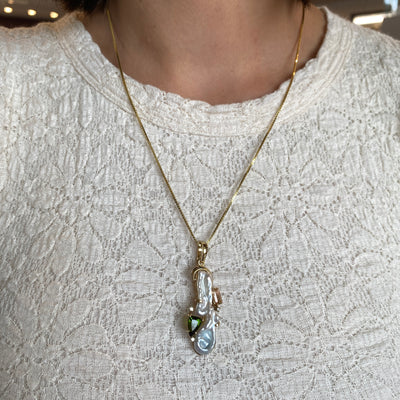 ESTATE Baroque Peral, Tourmaline and Precious Topaz Pendant in Yellow Gold