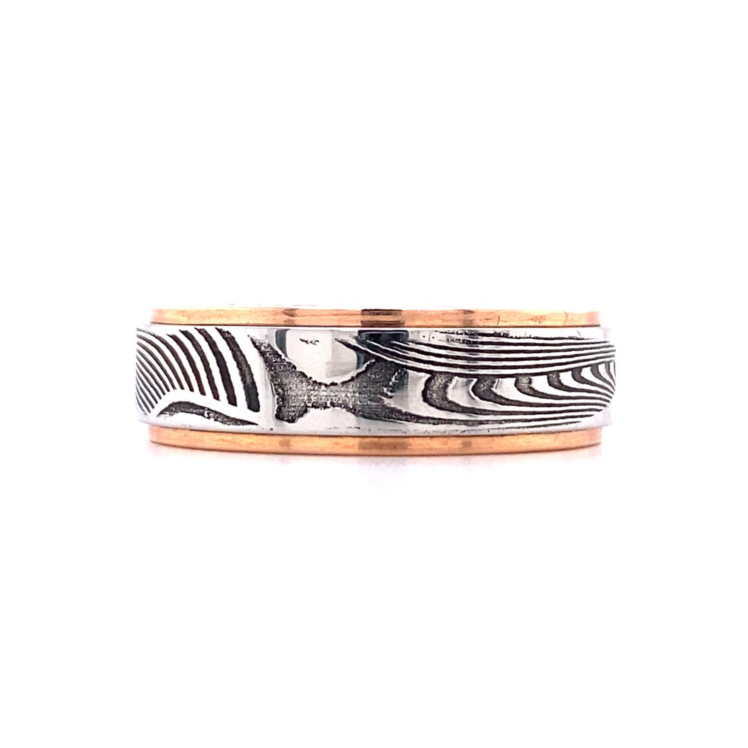 Damascus Steel and Rose Gold Edge Band