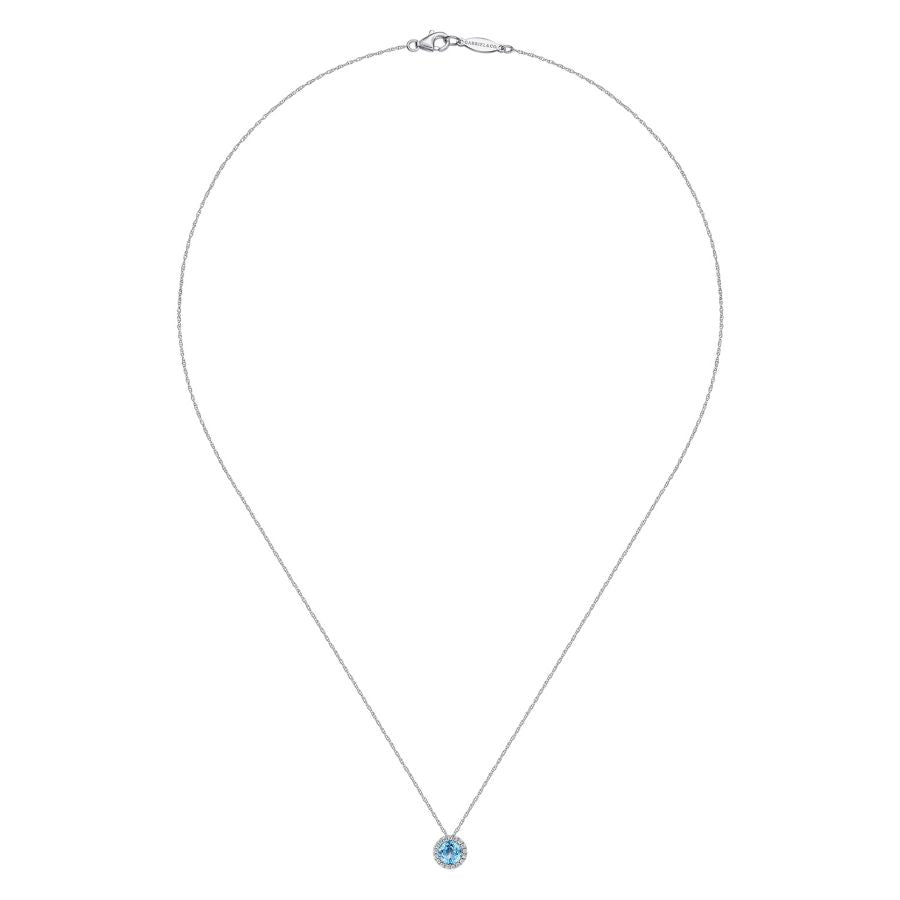 BlueTopaz and Diamond Halo Necklace in White Gold by Gabriel & Co.
