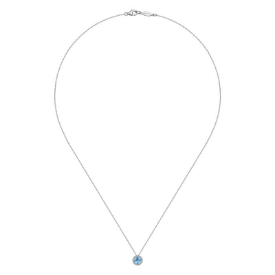 BlueTopaz and Diamond Halo Necklace in White Gold by Gabriel & Co.