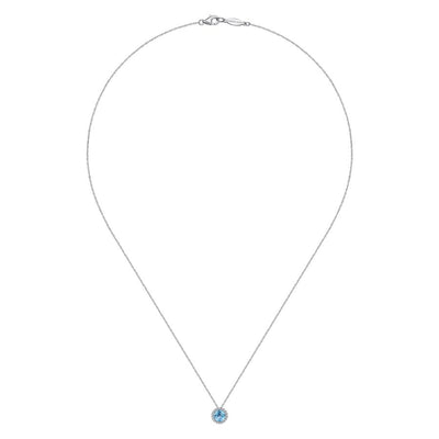 Gabriel & Co. 14 Karat White Gold Blue Topaz and Diamond Halo Necklace NK2824W45BT