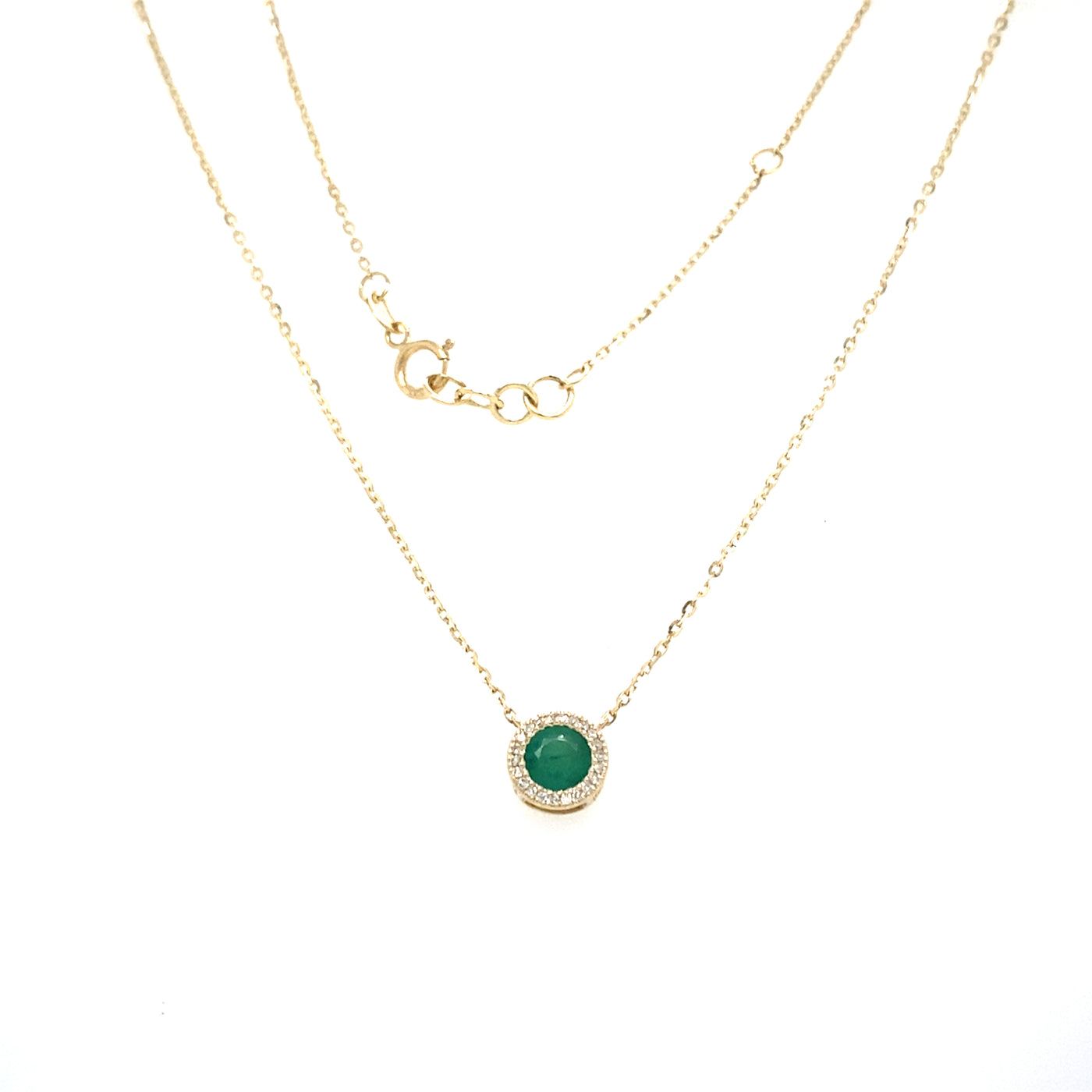 Emerald and DIamond Halo Pendant in Yellowo Gold