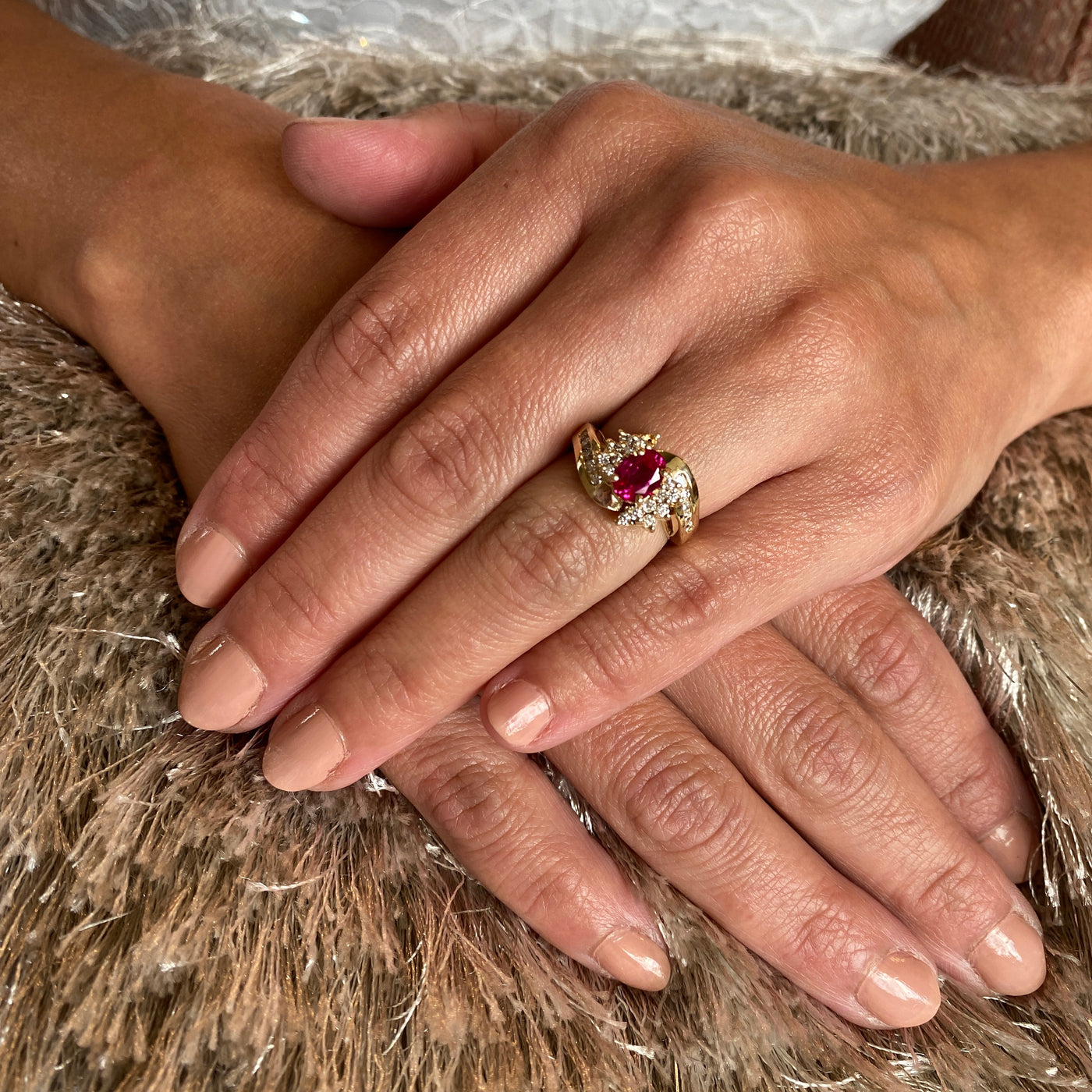 ESTATE Synthetic Ruby and DIamond RIng in Yellow Gold