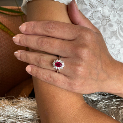 ESTATE Ruby and DIamond Halo Ring in White Gold