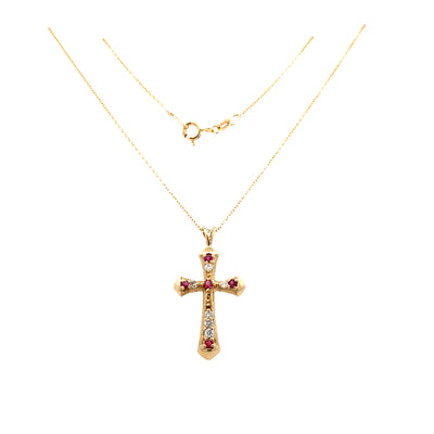 ESTATE Ruby & Diamond Cross in Yellow Gold