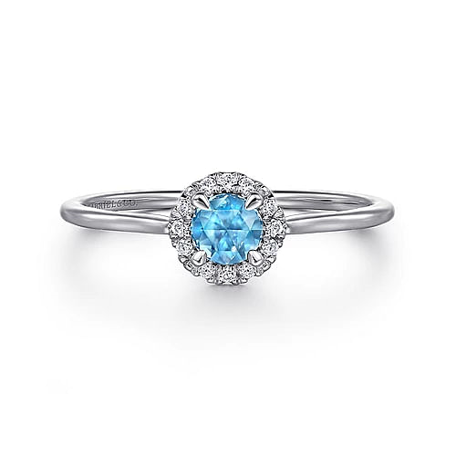 Blue Topaz and Diamond Halo Ring in White Gold by Gabriel & Co.