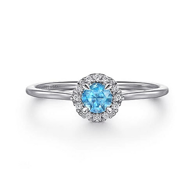 Blue Topaz and Diamond Halo Ring in White Gold by Gabriel & Co.