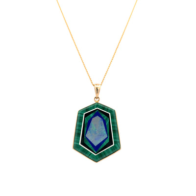 ESTATE Malachite, Lapis and Opal Pendant in Yellow Gold