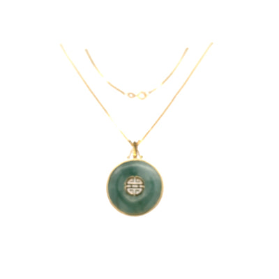 ESTATE Jade Longevity Pendant in 14K Yellow Gold with 24" Box Chain