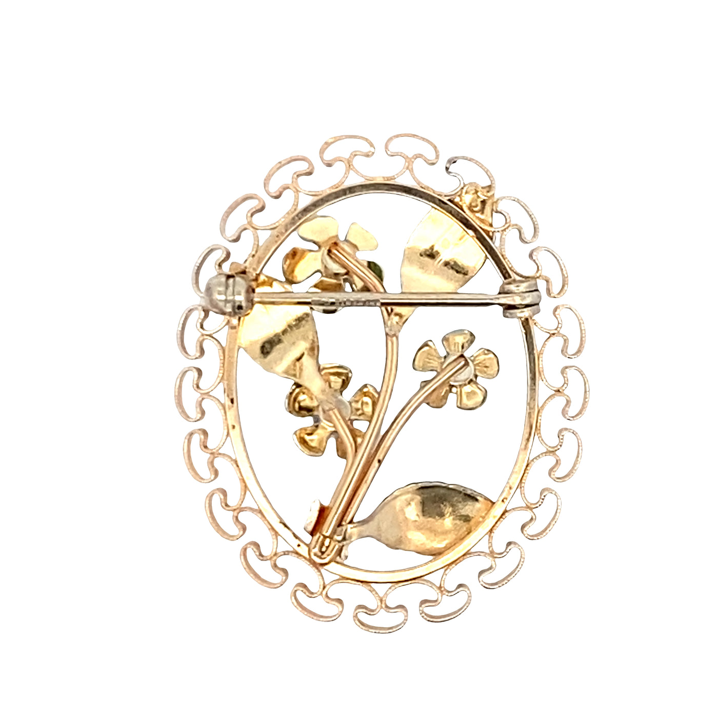 ESTATE Krementz Pearl and Enamel Floral Pin in Yellow Gold