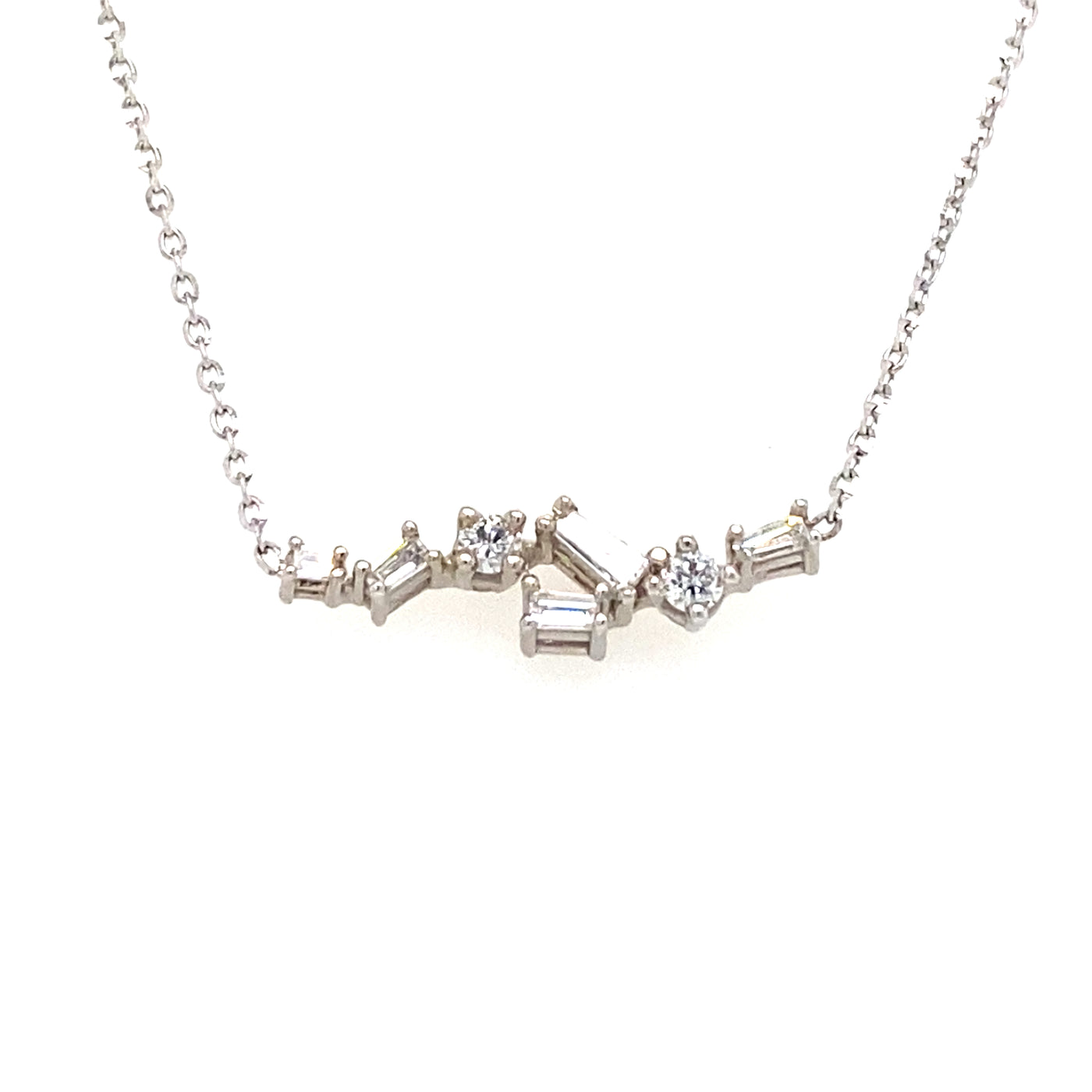 Baguette and Round Diamond Scatter Necklace in White Gold by B&C