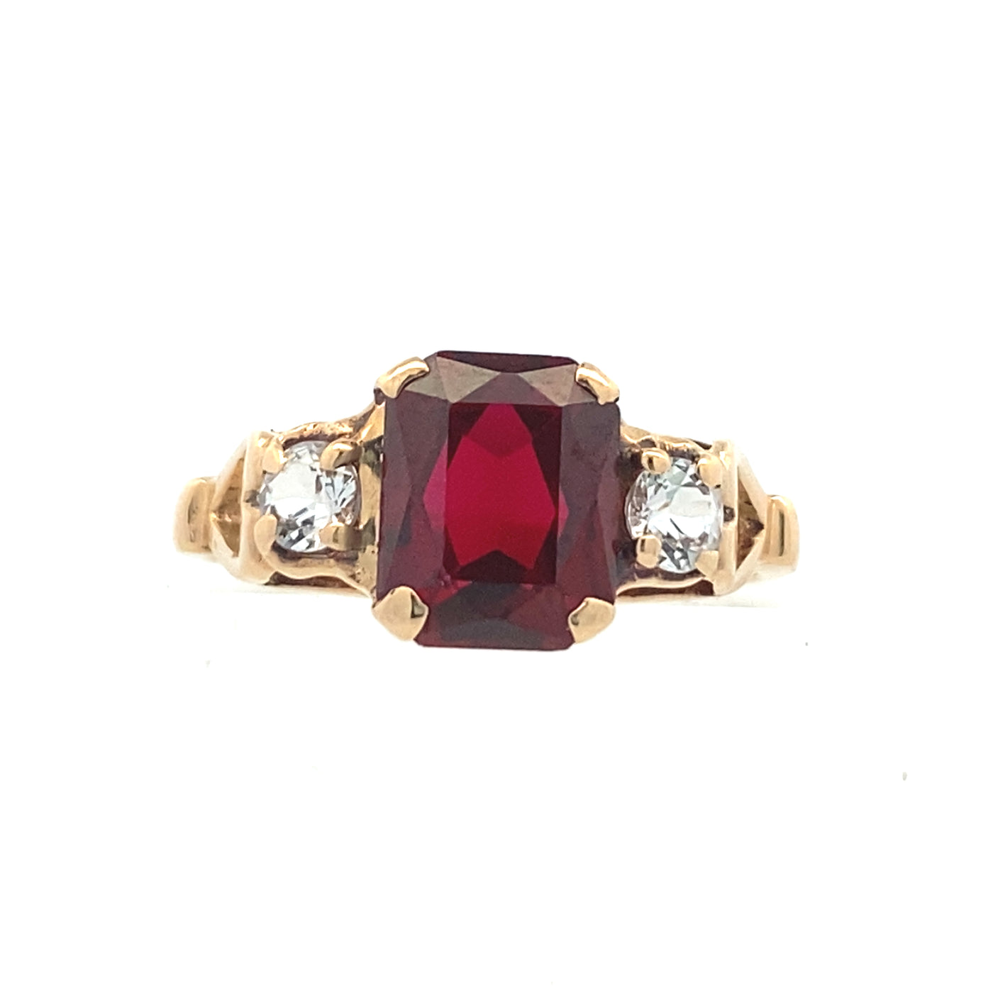 Estate Synthetic Ruby and White Spinel Ring in Yellow Gold