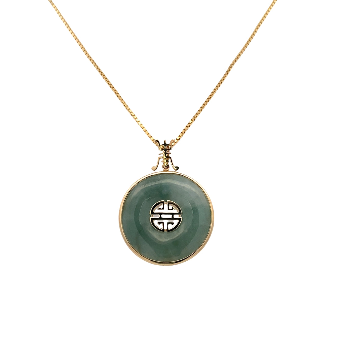 ESTATE Jade Longevity Pendant in 14K Yellow Gold with 24" Box Chain