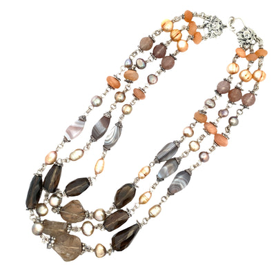 ESTATE Stephen Dueck Gemstone 3 Strand Necklace in Silver