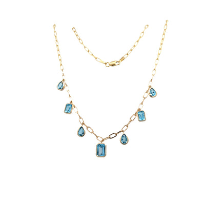 Swiss Blue Topaz Station necklace in Yellow Gold