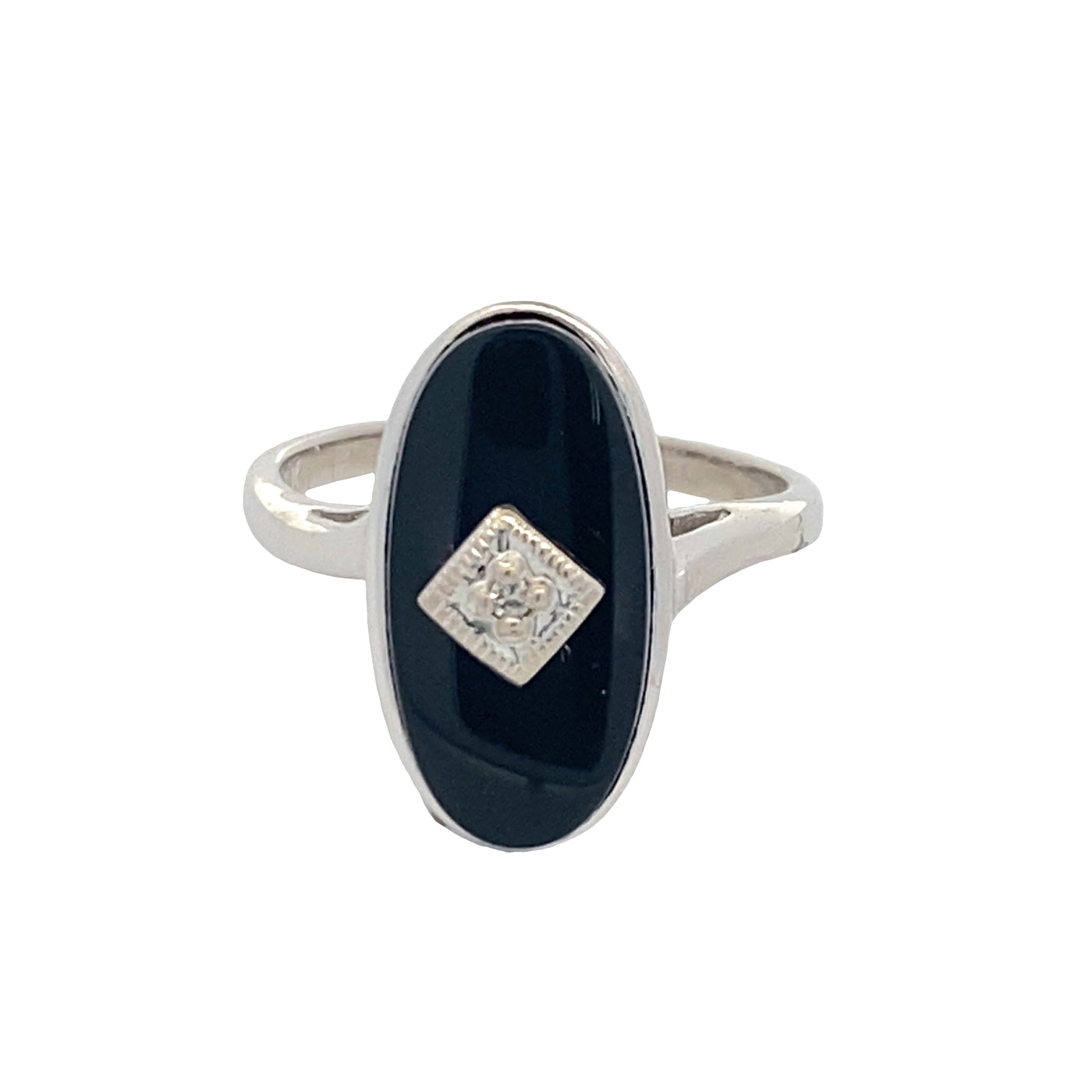 ESTATE Onyx and Diamond Ring in White Gold