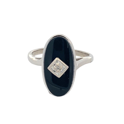 ESTATE Onyx and Diamond Ring in White Gold