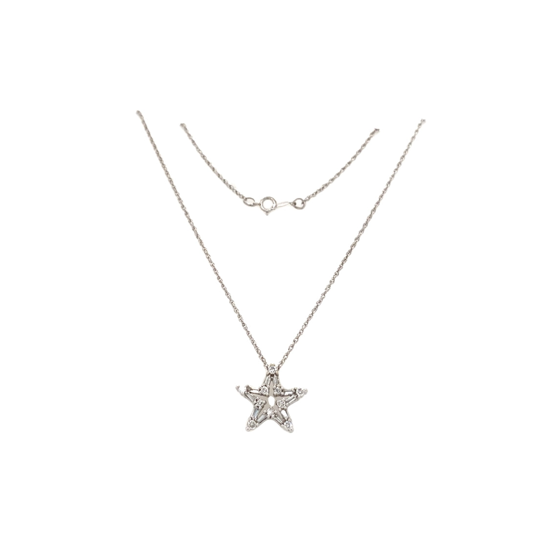 ESTATE Baguette and Round Diamond Star Pendant in White Gold