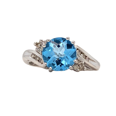 ESTATE Blue Topaz and DIamond Fashion Ring iin White Gold